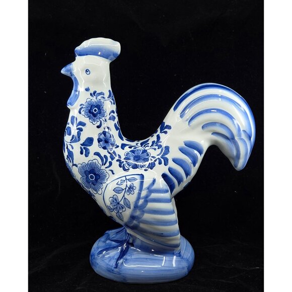 Vintage Blue floral Ceramic Rooster Figurine W/ Hand-Painted Decorative Statue F - Picture 1 of 10